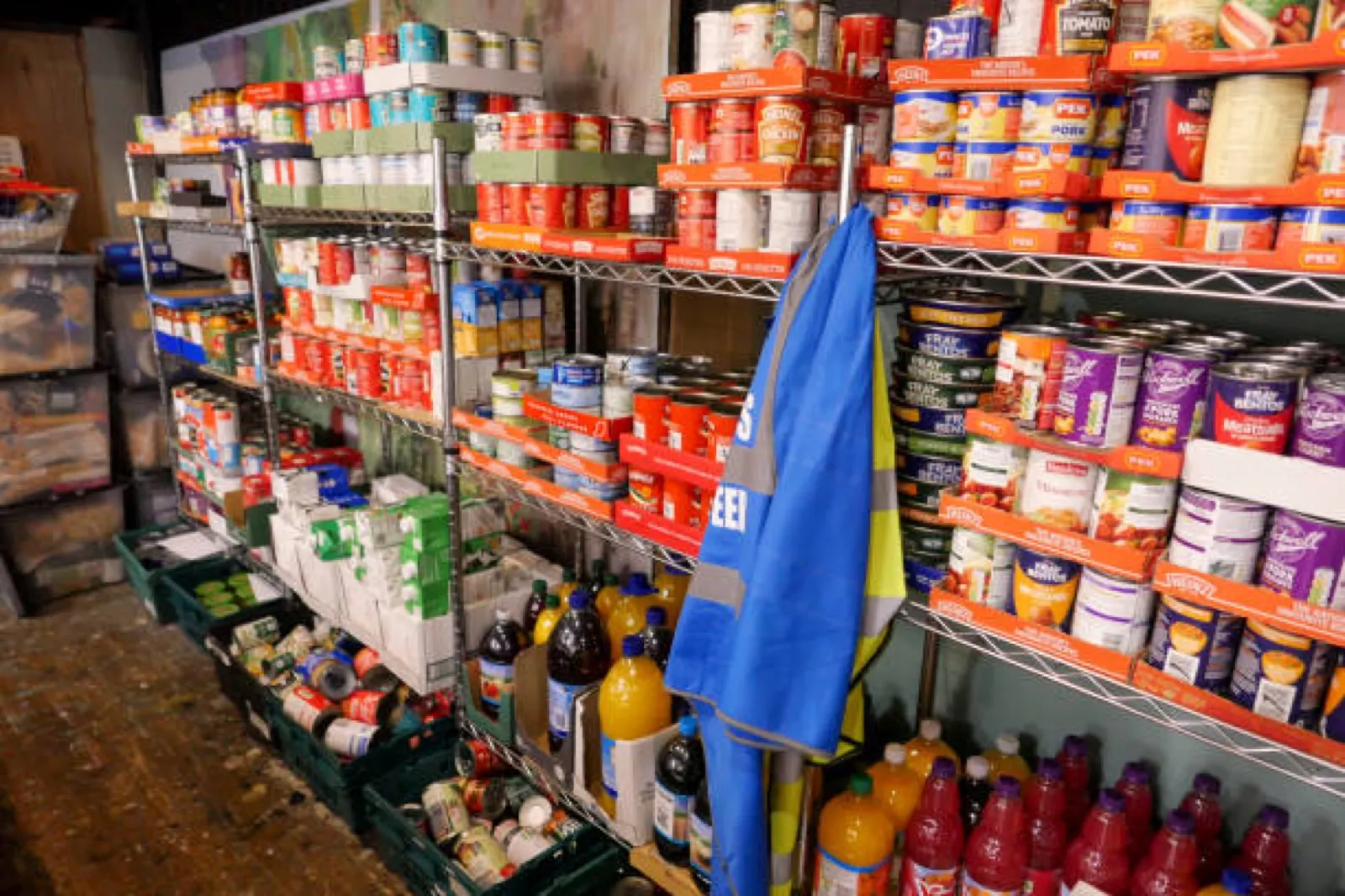 Shelves of canned and boxed food at a Cape Cod food pantry